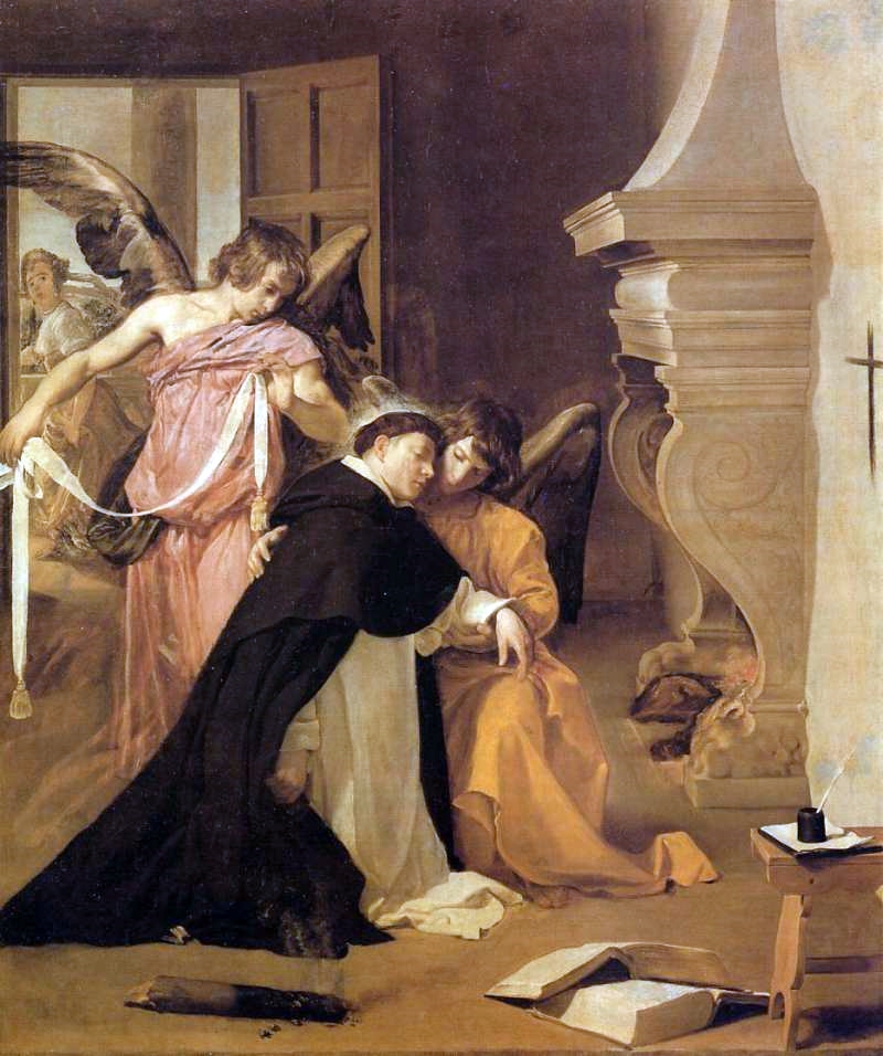 Thomas Aquinas blir hjulpet av to engler
