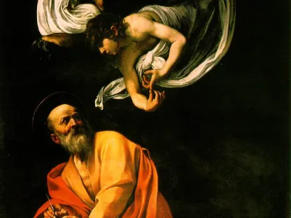 Maleri av Matteus som mottar inspirasjon fra en engel