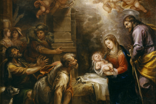 Francisco Rizis maleri av gjeterne som tilber Jesusbarnet, med Maria og Josef