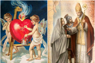 Et valentinskort med to små engler som maler et rødt hjerte til venstre; et bønnekort med St. Valentin som vier et ungt romersk par til høyre