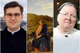 Foto av p. Ole Martin Stamnestrø, maleri av Jesus og foto av sr. Anne Bente Hadland
