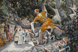 James Tissots maleri av Sakkeus i morbærtreet som ser Jesus