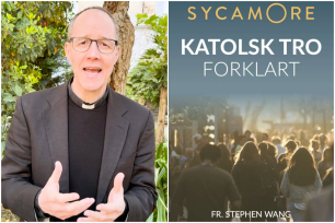 Et bilde av en katolsk prest til venstre og forsiden på en bok til høyre