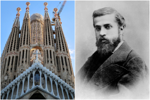 Sagrada Familia-basilikaen (til venstre) og Antoni Gaudí (til høyre)