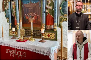 Collage med reportasjebilde fra Bønsnes kirke samt portretter av biskopene Fredrik Hansen og Erik Varden. 