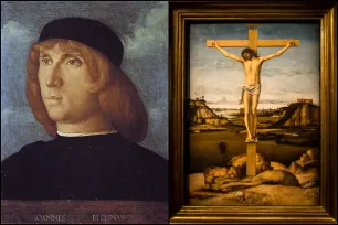 Collage av et portrett av maleren Bellini og hans verk «Korsfestelsen» (1475).