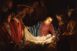 Maleri av gjetere som besøker Maria og Jesusbarnet